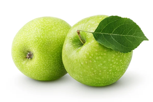 Manzanas verdes con hoja aislada sobre un blanco — Foto de Stock