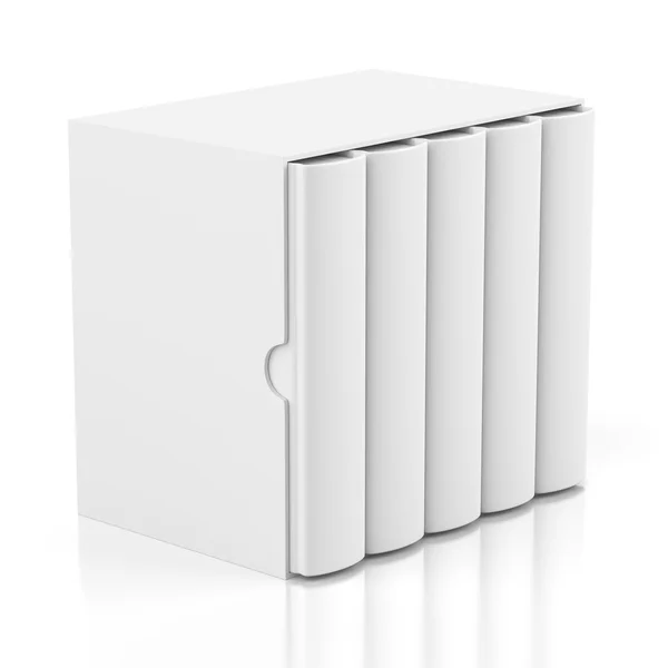 Cubierta de cinco libros en caja de cartón en blanco —  Fotos de Stock