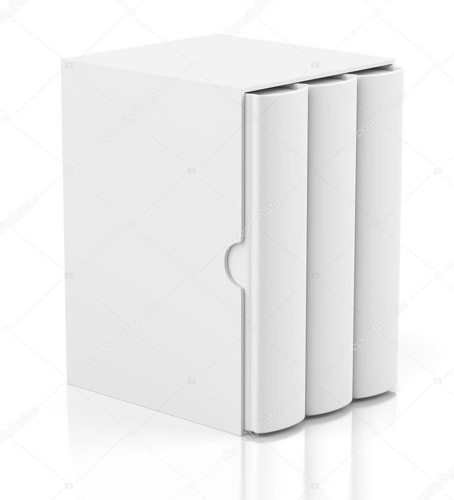 Three books in cardboard box cover on white