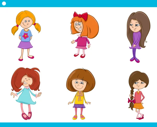 Kid girls characters cartoon set — Stock Vector