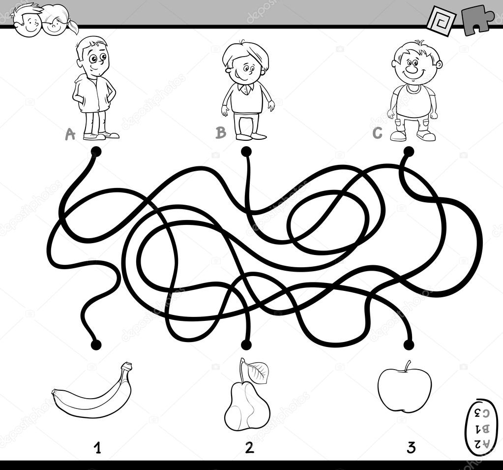 Noir et blanc Cartoon Illustration des chemins de l éducation ou de la t¢che de Puzzle labyrinthe pour enfants d ¢ge préscolaire avec enfants et Fruits