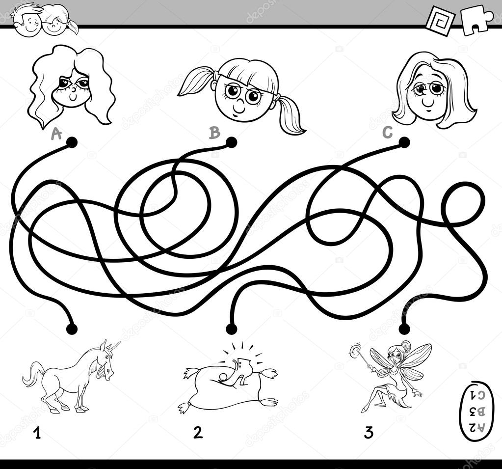 Noir et blanc Cartoon Illustration des parcours éducatifs ou activité Puzzle labyrinthe pour enfants d ¢ge préscolaire avec petites filles Coloriages