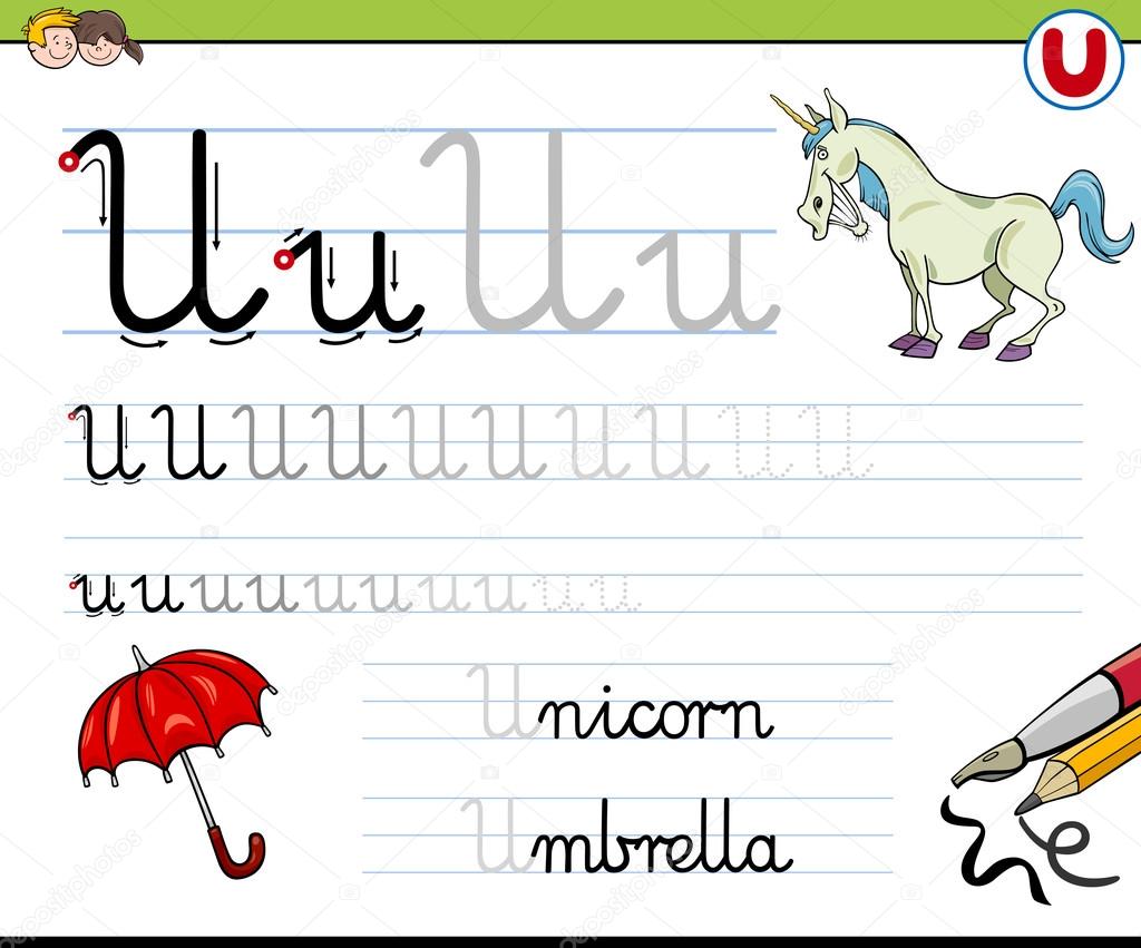Cartoon Illustration of Writing Skills Practice with Letter U Worksheet for Children