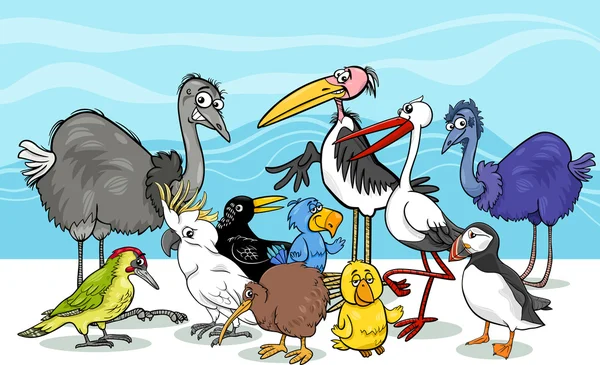 Ilustración de dibujos animados grupo de aves — Vector de stock