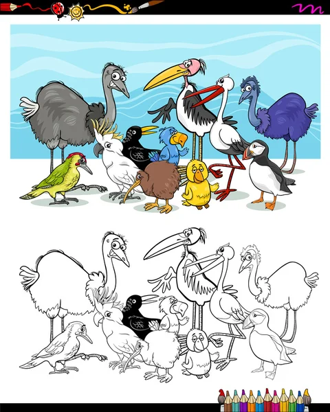 Aves de dibujos animados para colorear — Vector de stock