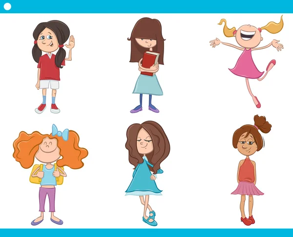 Kid girls characters cartoon set — Stock Vector