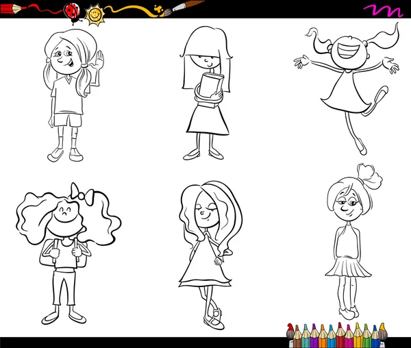 Kid girls set coloring book — Stock Vector