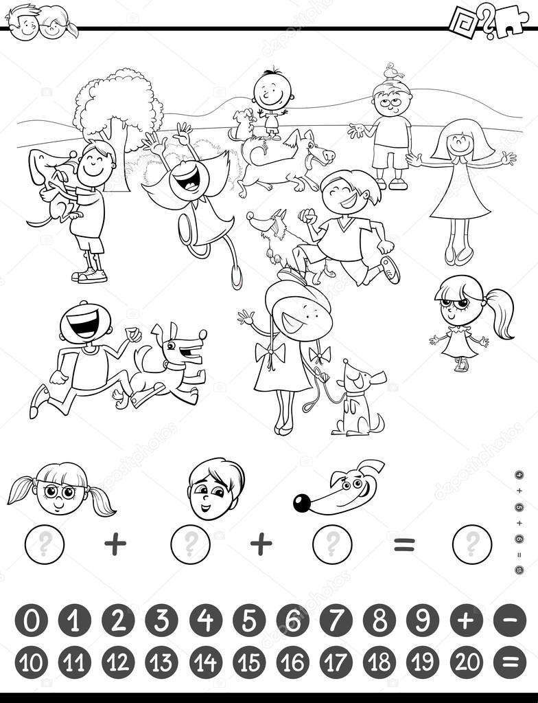 Illustrazione del fumetto in bianco e nero di didattica matematica contare e aggiunta attivit  attivit  per i bambini con bambini e cani libro da colorare