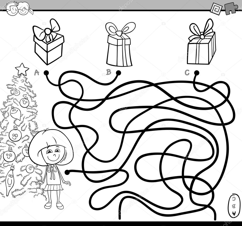 Noir et blanc Cartoon Illustration des parcours éducatifs ou activité Puzzle labyrinthe avec petite fille et de No l présente le livre de coloriage — Vector