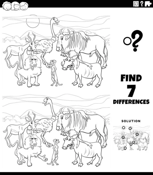 Black White Cartoon Illustration Finding Differences Pictures Educational Game Kids — Stock Vector