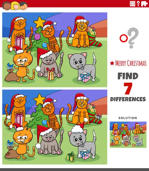 卡通画说明发现圣诞期间儿童漫画教育游戏与猫群之间的差异 — 图库矢量图片