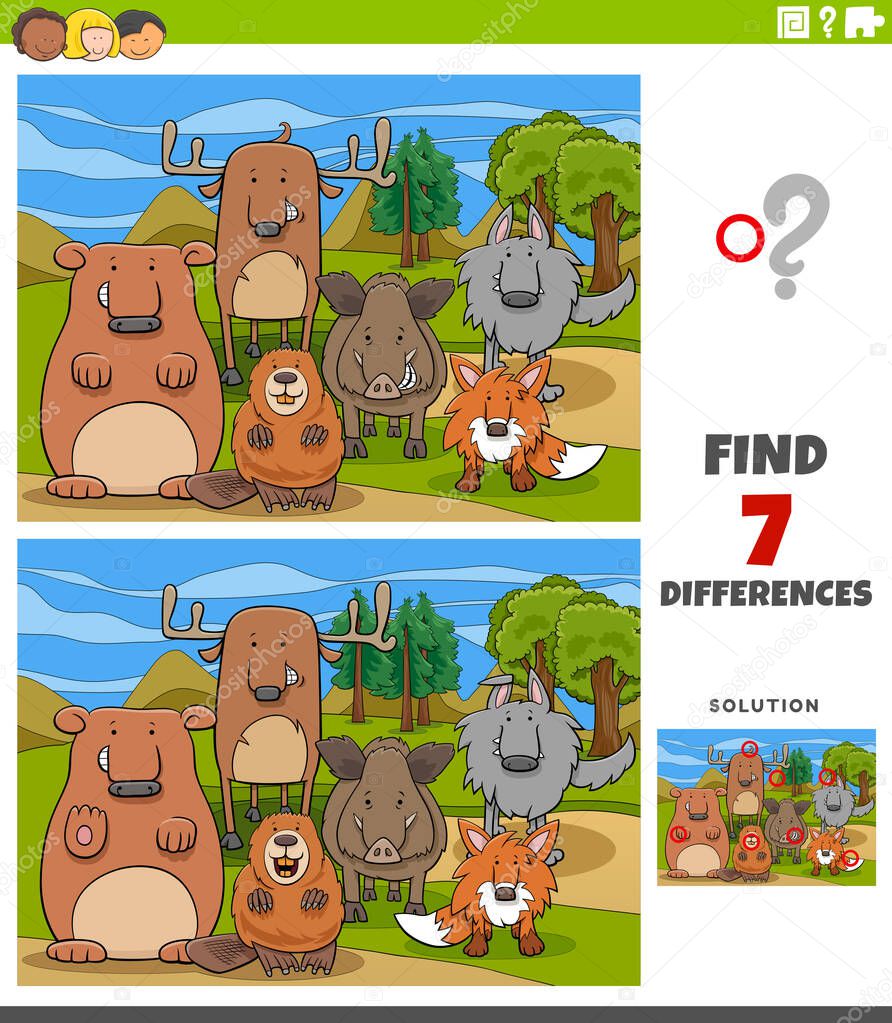 Cartoon Illustration of Finding Differences Between Pictures Educational Game for Kids with Wild Animal Characters Group