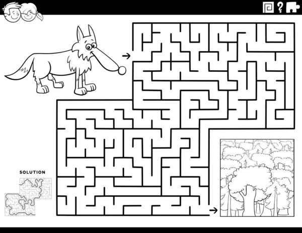 狼と森のぬり絵の本のページを持つ子供のための教育迷路パズルゲームの黒と白の漫画イラスト — ストックベクタ
