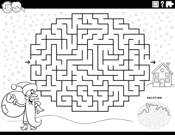 Black White Cartoon Illustration Educational Maze Puzzle Game Children Santa — 스톡 벡터