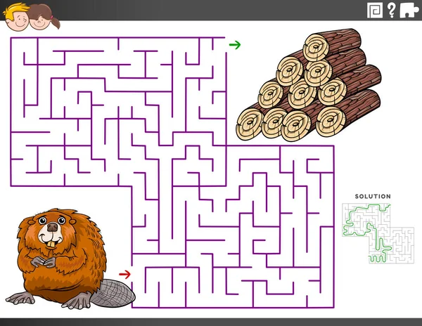 Cartoon Illustration Des Pädagogischen Labyrinths Puzzlespiel Für Kinder Mit Biber — Stockvektor