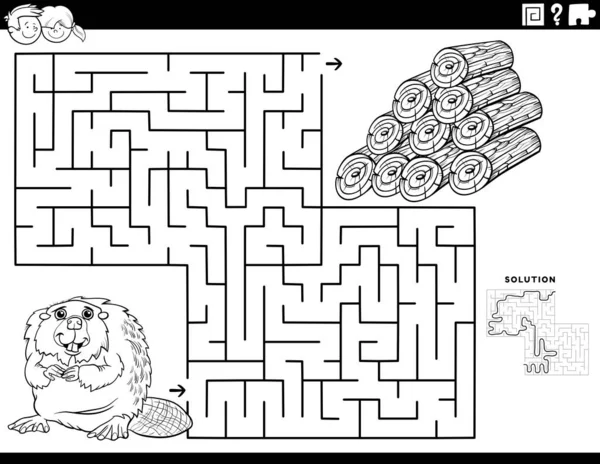 教育迷路の黒と白の漫画のイラストビーバーと木材のログぬりえブックページを持つ子供のためのパズルゲーム — ストックベクタ