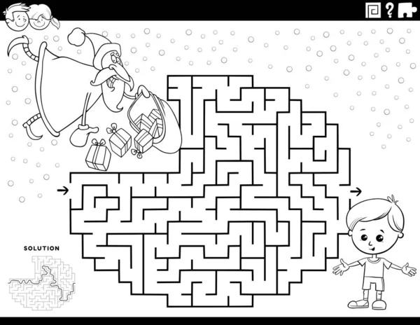 Black White Cartoon Illustration Educational Maze Puzzle Game Children Santa — Stock Vector