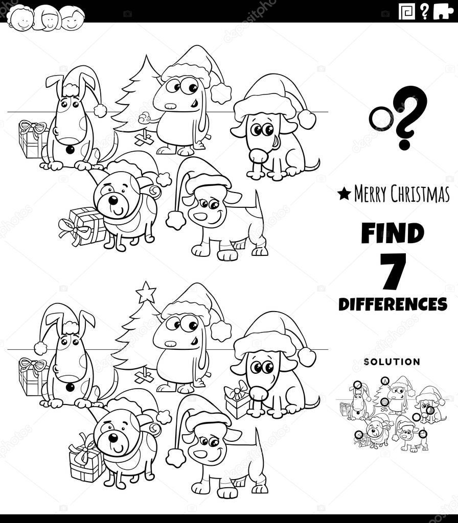Black and White Cartoon Illustration of Finding Differences Between Pictures Educational Game for Children with Comic Dogs Group on Christmas Time Coloring Book Page