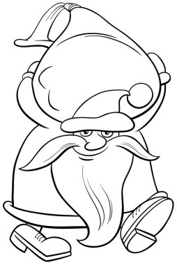 Noel Baba 'nın Noel karakterinin siyah-beyaz çizimi hediye torbası boyama kitabı sayfasını taşıyor.