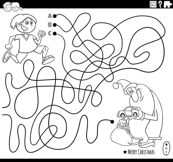 ライン迷路パズルゲームの黒と白の漫画イラストサンタクロースと幸せな男の子とクリスマスの時間のぬり絵の本のページ — ストックベクタ