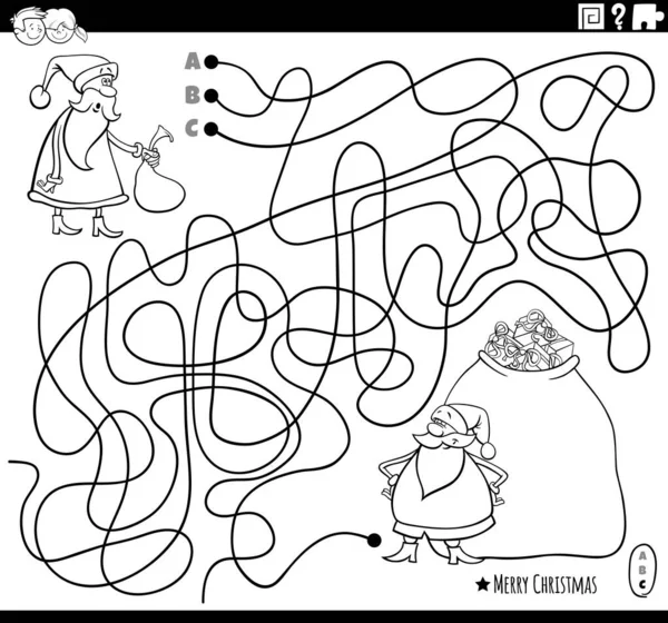 Svart Och Vit Tecknad Illustration Linjer Labyrint Pusselspel Med Santa — Stock vektor