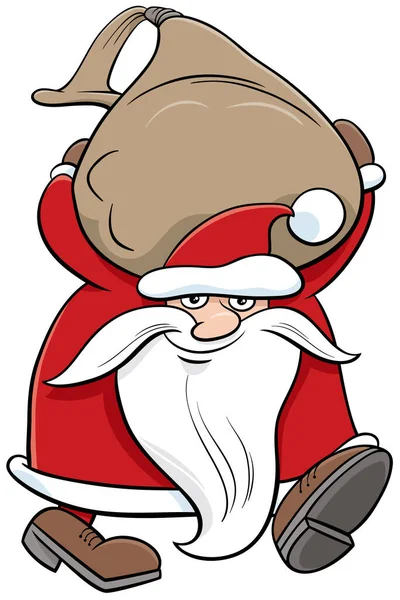 プレゼントの袋を運ぶサンタクロースのクリスマスキャラクターの漫画イラスト — ストックベクタ