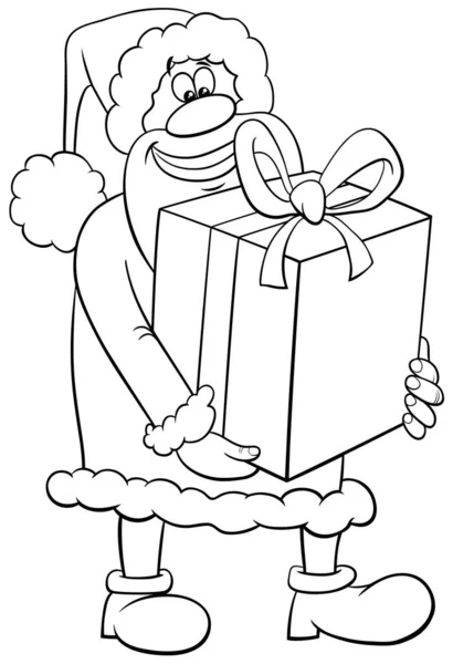 Illustration Dessin Animé Noir Blanc Père Noël Avec Grand Cadeau — Image vectorielle