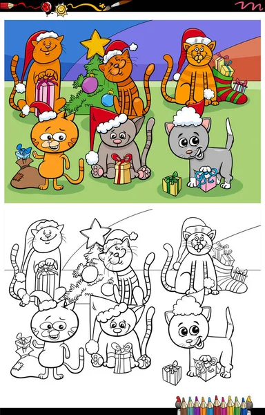 Dibujos Animados Ilustración Lindos Gatos Animales Personajes Grupo Navidad Para — Vector de stock