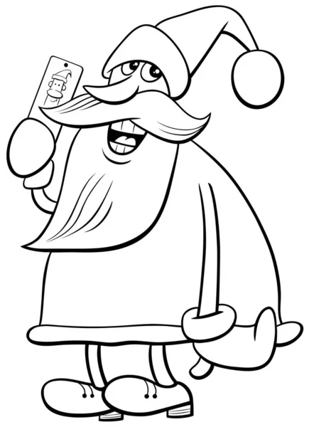 Black White Cartoon Illustration Santa Claus Character Smarphone Christmas Time — стоковый вектор