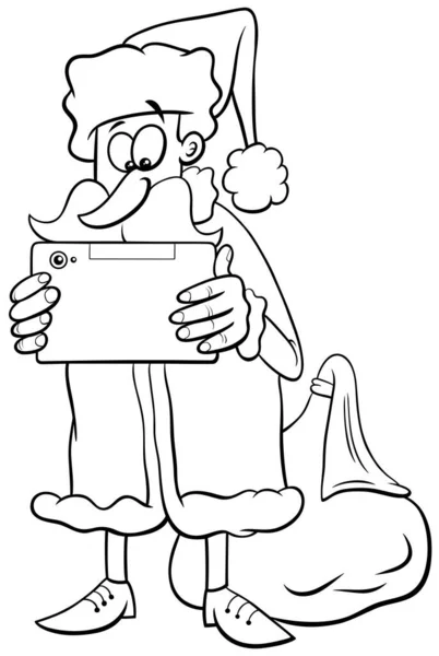 Schwarz Weiße Cartoon Illustration Der Figur Des Weihnachtsmannes Mit Tablet — Stockvektor