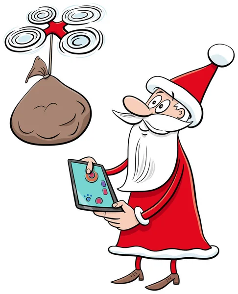 Cartoon Illustration Des Weihnachtsmannes Mit Drohne Zur Weihnachtszeit — Stockvektor