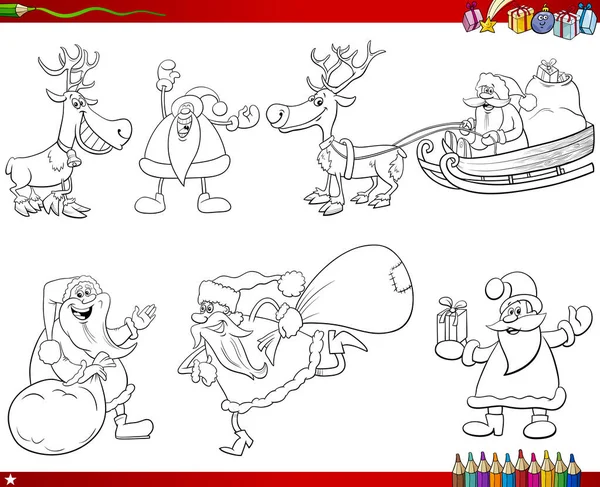 Tecknad Illustration Svart Och Vitt Set Med Santa Claus Christmas — Stock vektor