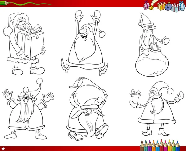 Картунова Ілюстрація Чорно Білої Колекції Зображенням Різдвяних Персонажів Санта Клауса — стоковий вектор
