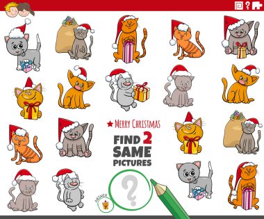 Çizgi film çizimi, Noel zamanı sevimli kediler ve kedilerin oynadığı eğitici iki resim bulmanın çizimi.
