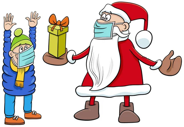 Dibujos Animados Ilustración Feliz Personaje Santa Claus Dando Regalo Niño — Vector de stock