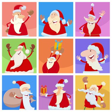 Noel Baba Noel karakterlerinin çizdiği karikatür tasarımı veya tebrik kartları.