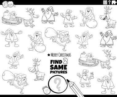 Noel Baba 'nın Noel karakterleri boyama kitabı sayfasında aynı iki eğitici resmi bulmanın siyah-beyaz çizimi