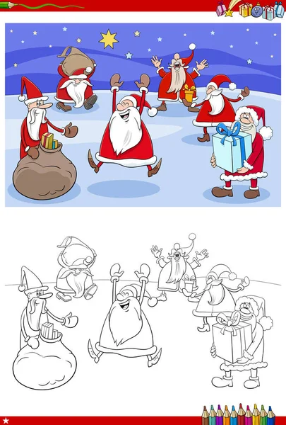 Tecknad Illustration Santa Claus Christmas Tecken Grupp Målarbok Sida — Stock vektor