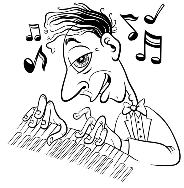 Черно-белая карикатурная иллюстрация музыканта-пианиста, играющего на странице книги раскраски фортепиано