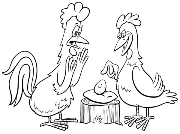 Black White Cartoon Illustration Rooster Hen Egg Farm Animal Characters — Stock Vector