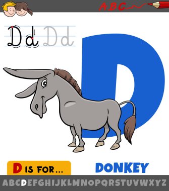 Çocuklar için komik eşekle alfabeden D harfinin eğitici çizimi 