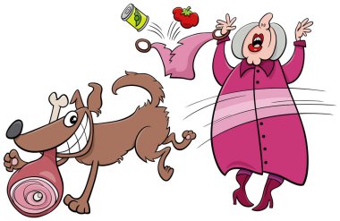 Yaşlı bir kadından jambon çalan komik, yaramaz bir köpeğin çizgi film çizimi.