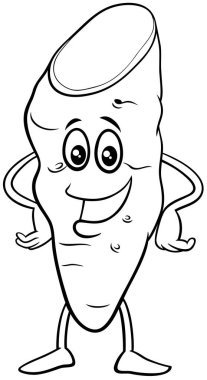 Komik yer elması, sebze, komik karakter boyama sayfasının siyah beyaz çizimi.