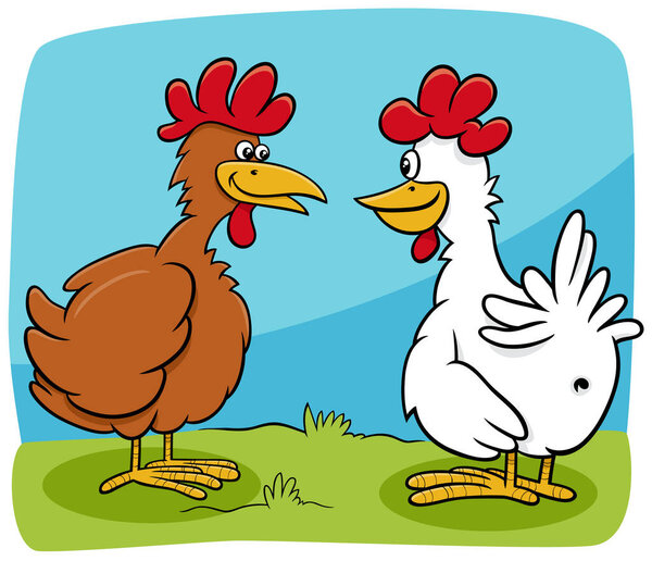 Cartoon illustration of two hens farm birds characters talking