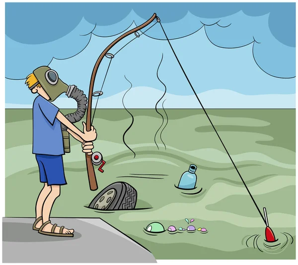 Cartoon Illustration Des Nicht Sehr Klugen Kerls Der Abwasser Fischt — Stockvektor