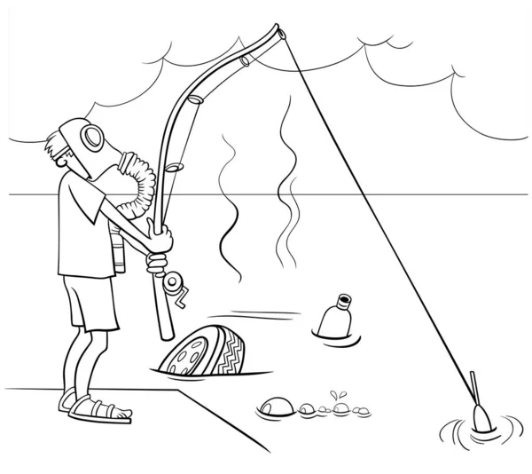 Illustration Dessin Animé Noir Blanc Gars Pas Très Intelligent Pêche — Image vectorielle