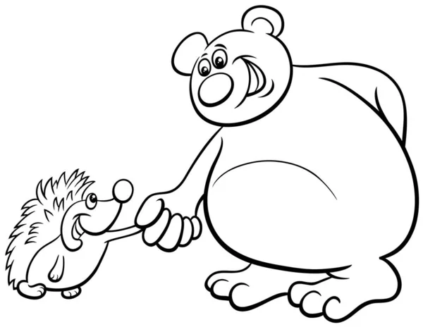 Schwarz Weiße Cartoon Illustration Von Braunbär Und Igel Comic Tierfiguren — Stockvektor