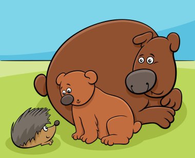 Annesiyle küçük ayının çizgi film çizimi ve sevimli kirpi çizgi roman karakteri.