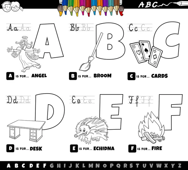 Ασπρόμαυρη Εικονογράφηση Κινουμένων Σχεδίων Κεφαλαία Γράμματα Από Αλφάβητο Εκπαιδευτικό Σύνολο — Διανυσματικό Αρχείο