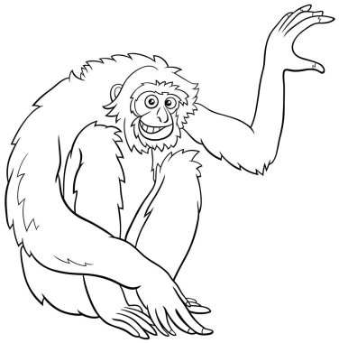 Siyah-beyaz karikatür çizimi. Şebek maymun çizgi roman karakteri boyama sayfası.